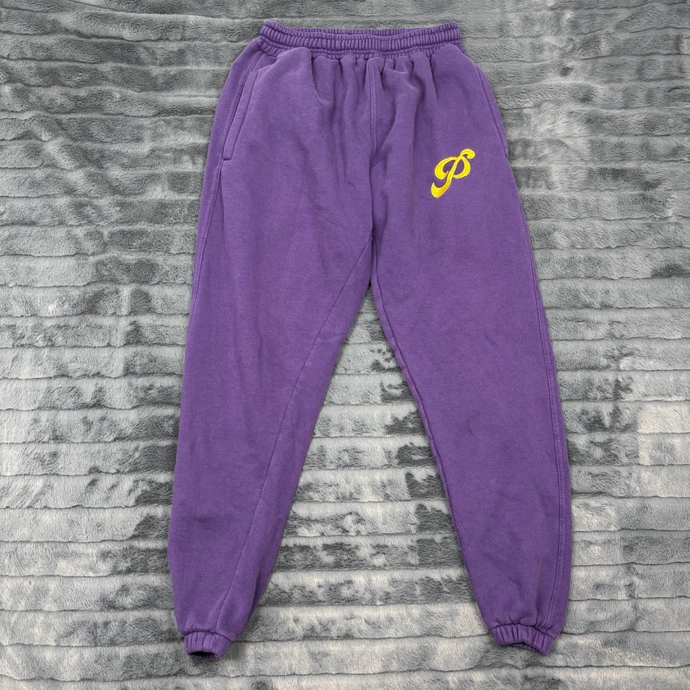 Public Goods Mens Purple Fleece Jogger Sweatpants Yellow Logo Size M